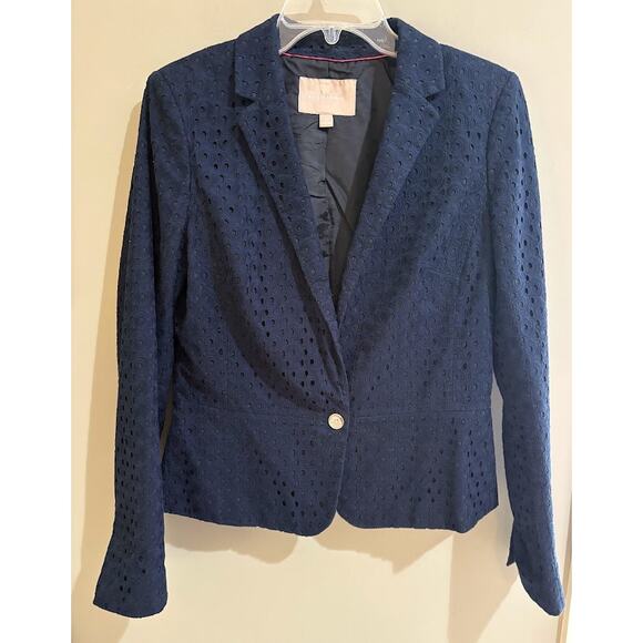 Banana Republic Women's Navy Eyelet Peplum Blazer - Size 12 - Picture 1 of 7